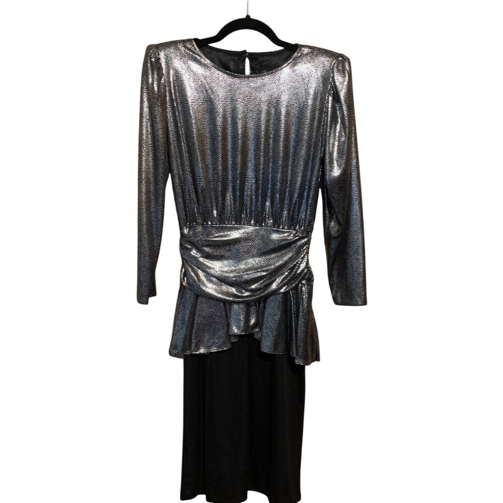 VTG David Rose Metallic Black Dress Draped‎ Waist Peplum Hem Sz 4 Grunge Gothic